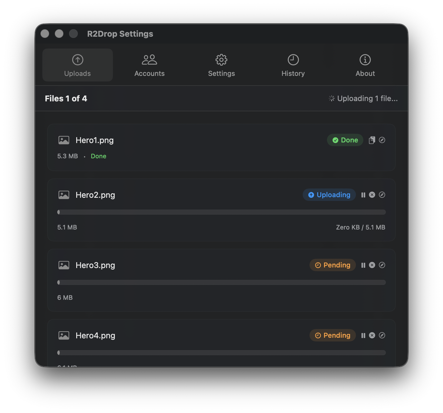R2Drop desktop app showing upload queue for local development uploads